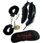 Set coquin: menottes+2plumes chatouilleuses+masque+dé kamasutra